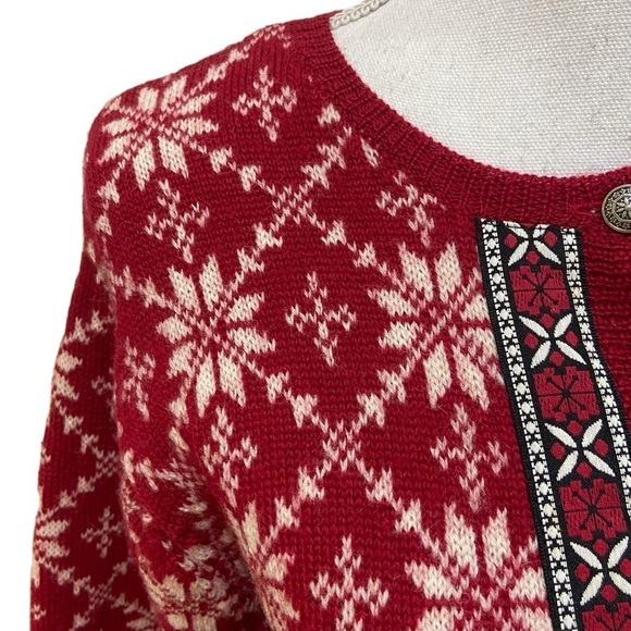 Talbots 100% wool Nordic fair isle cardigan sweater red snowflakes design size 8 - Picture 6 of 11